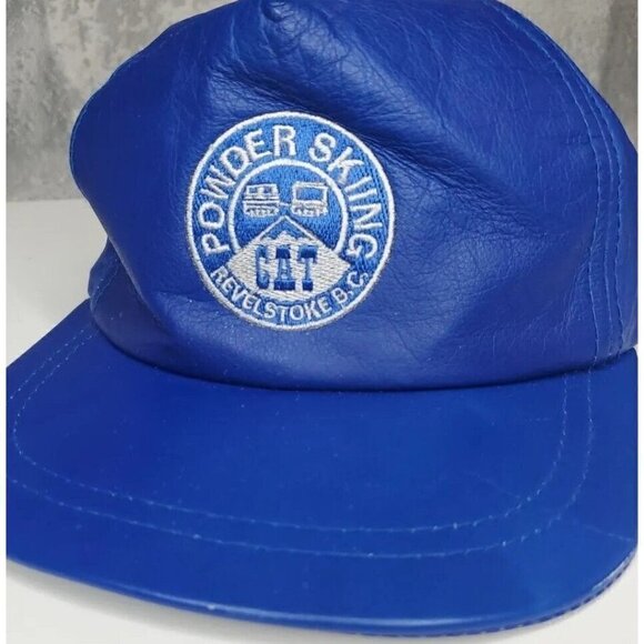 VTG Blue Leather Hat Revelstoke CAT skiing zip strap embroidered cap - Picture 10 of 10